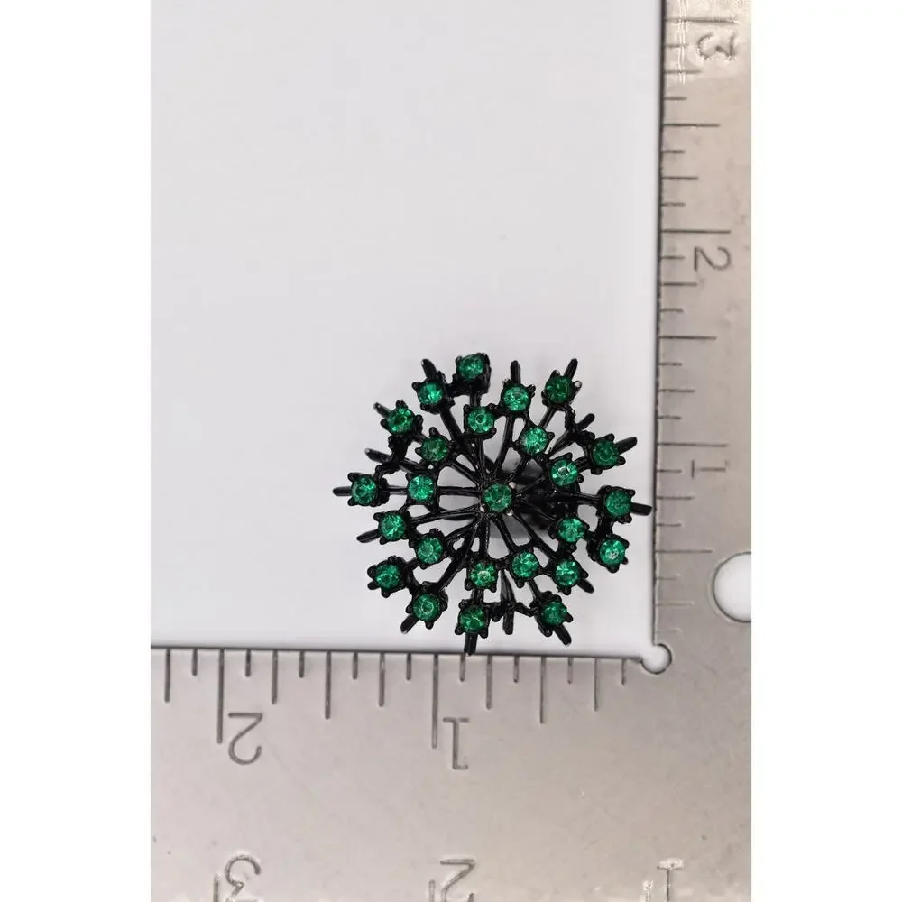 Vintage Crystal Clip On Earrings Starburst Green Rhinestone Black Metal BinBK